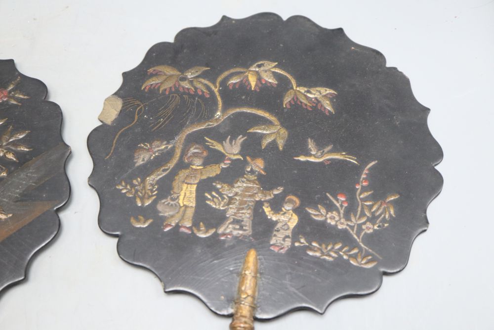 A pair of Japanese lacquered face screens, length 42cm
